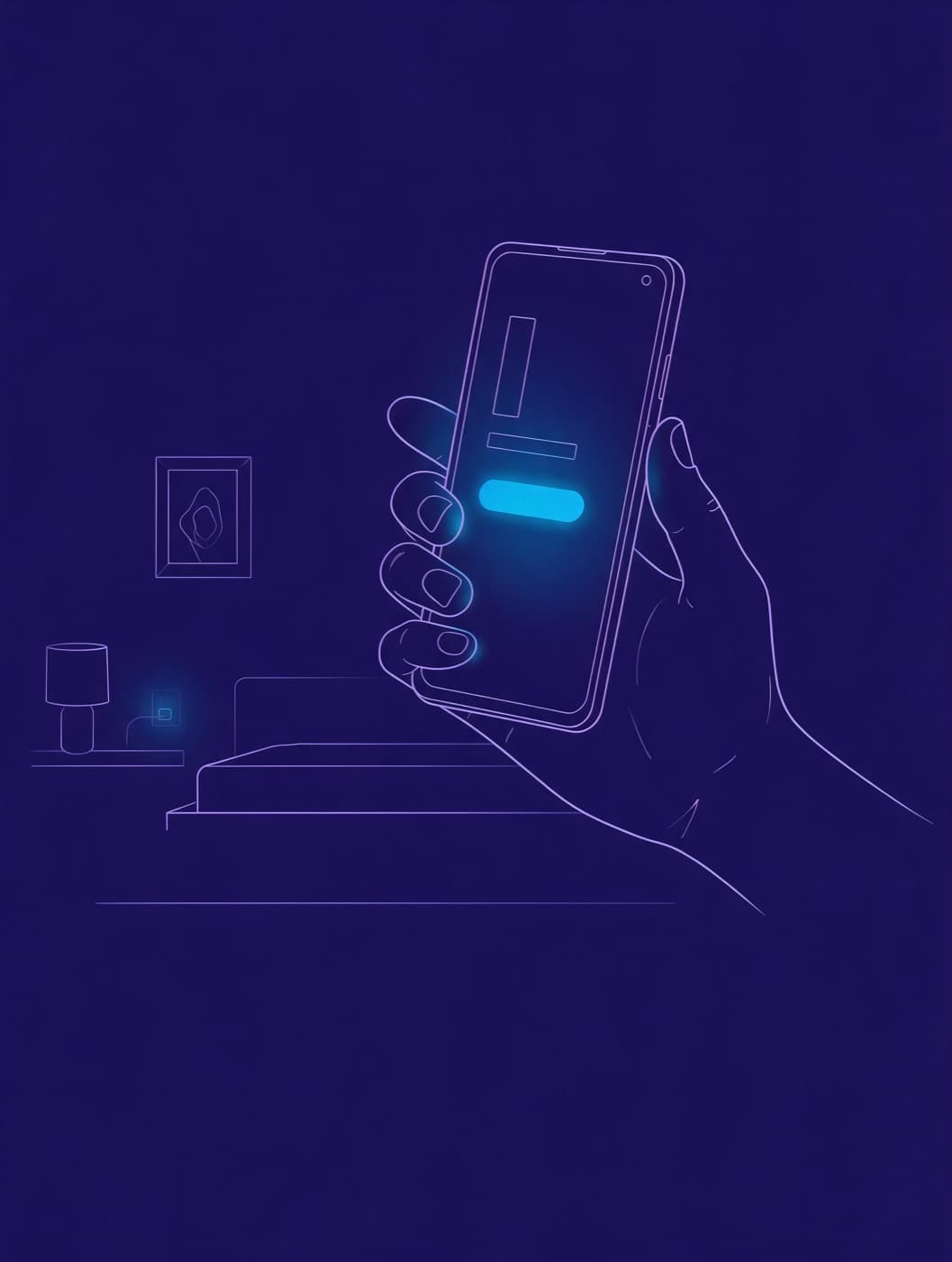 Eine Hand hält ein leuchtendes Smartphone in einem dunklen Raum, Illustration