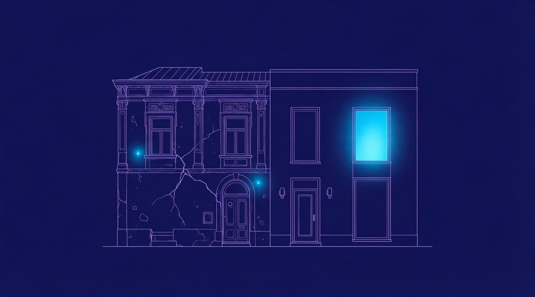 Eine alte Fassade, zur Hälfte neu verkleidet, Illustration