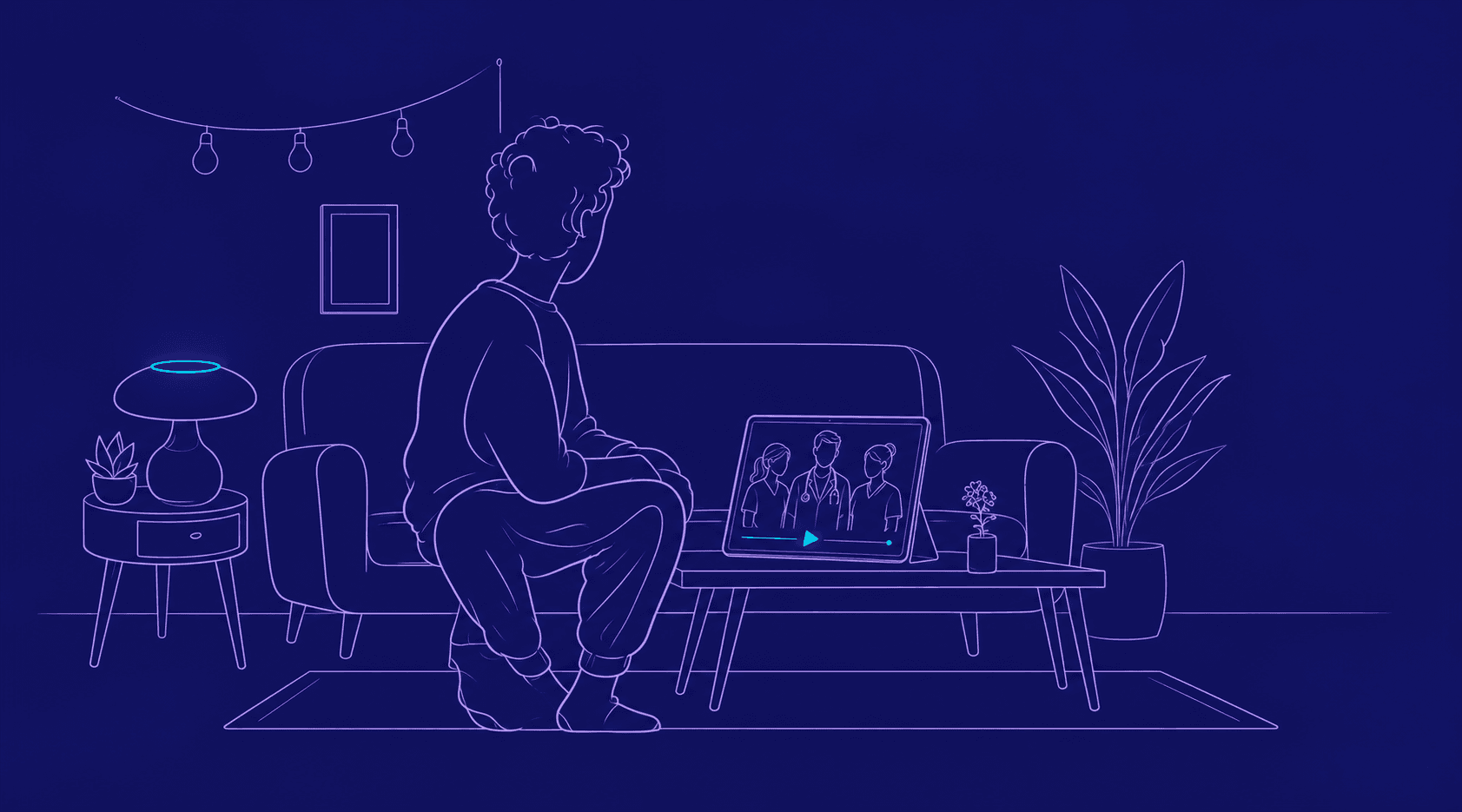 Eine Person sieht zu Hause auf einem Tablet ein Video mit drei Mitgliedern eines Praxisteams, Illustration