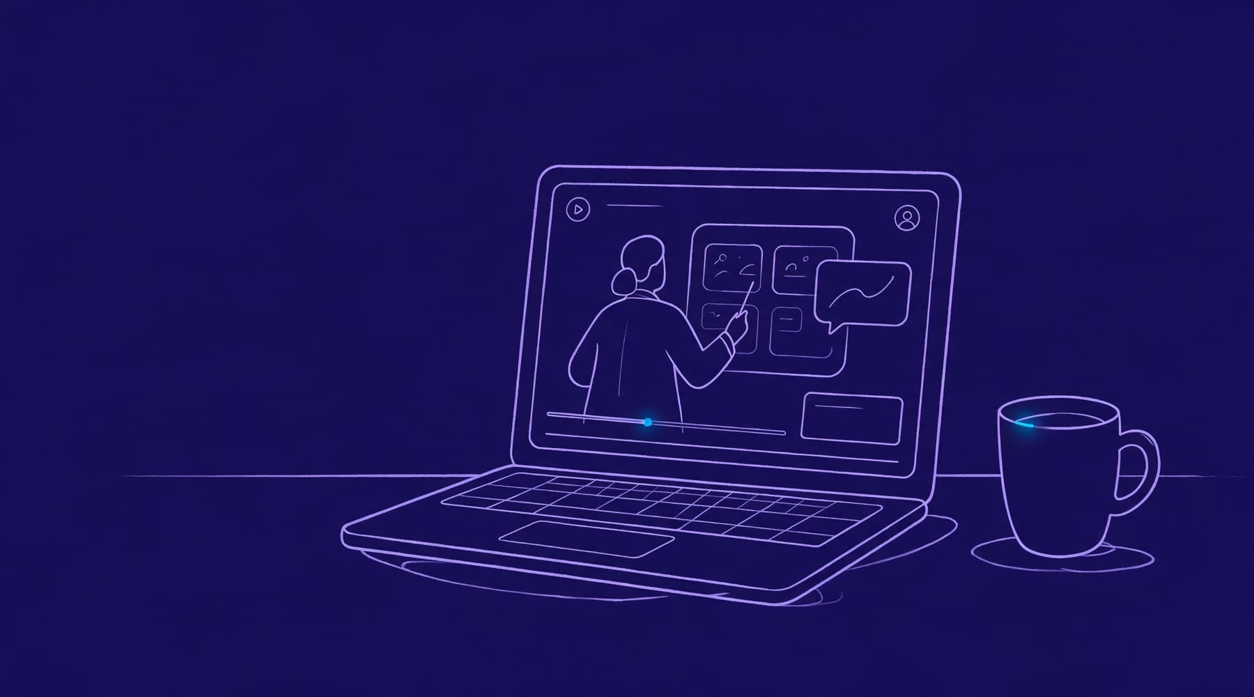 Ein Laptop auf einem Küchentisch zeigt nachts ein Erklärvideo, Illustration