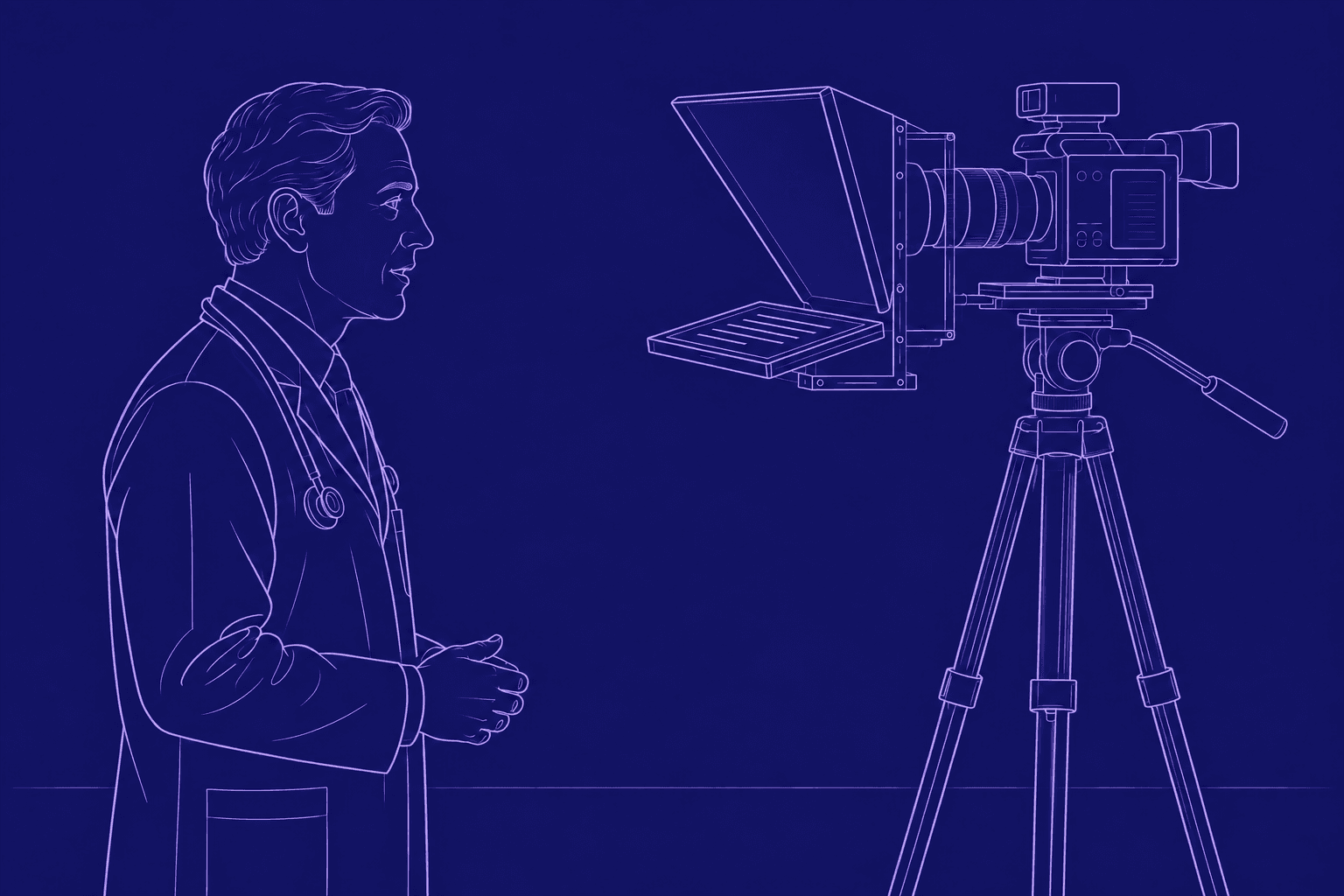 Ein Arzt liest vom Teleprompter direkt vor der Kameralinse ab, Illustration