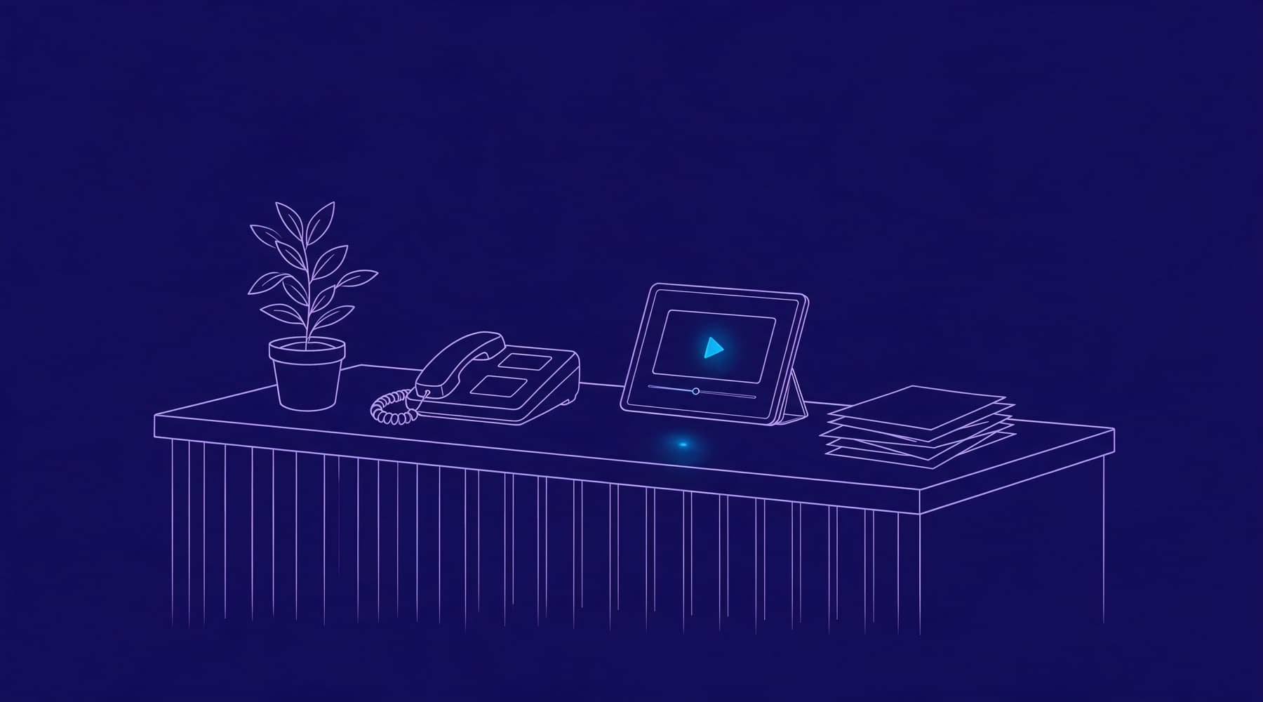Eine ruhige Praxisanmeldung mit Telefon und einem Tablet, auf dem ein Video läuft, Illustration